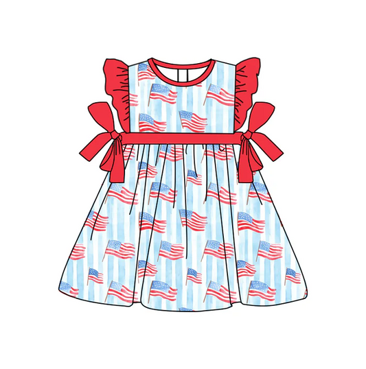 5.1Preorder moq 5 Baby Girls Red Flutter Sleeves Flags Bows 4th Of July Knee Length Dress