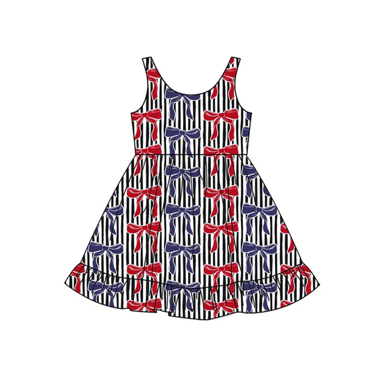 5.1 Preorder moq 5 Baby Girls Sleeveless Blue Red Bows Strap 4th Of July Knee Length Dress