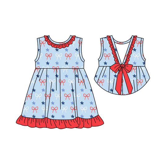 5.1 Preorder moq 5 Baby Girls Sleeveless Blue Red Bows Stars 4th Of July Knee Length Dress