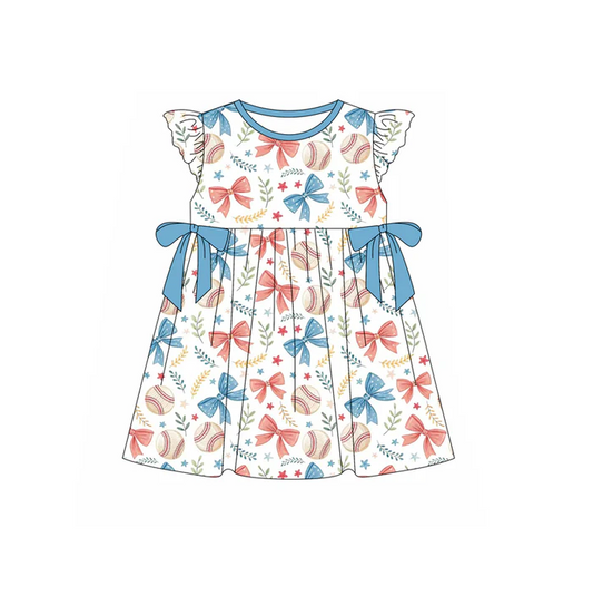 5.1 Preorder moq 5 Baby Girls Flutter Sleeves Blue Red Bows Baseballs 4th Of July Knee Length Dress