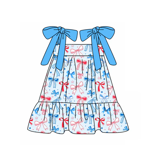 5.1 Preorder moq 5 Baby Girls Sleeveless Red Blue Bows Stars 4th Of July Knee Length Dress