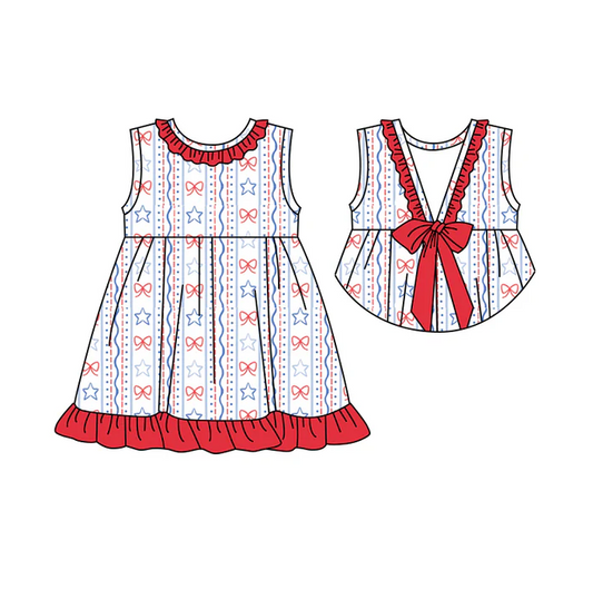 5.1 Preorder moq 5 Baby Girls Sleeveless Red Blue Bows Stars 4th Of July Knee Length Dress