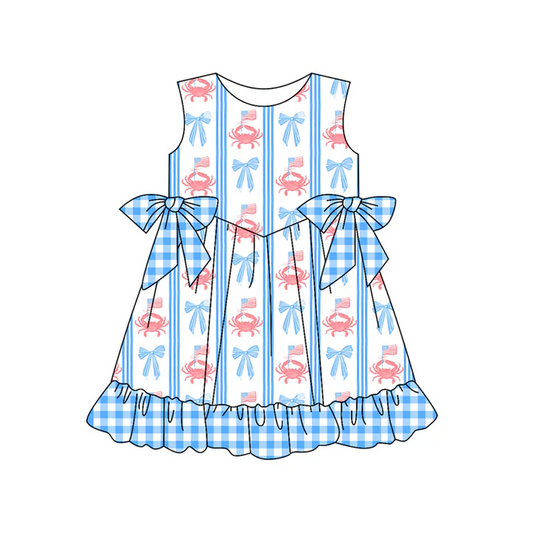 5.1 Preorder moq 5 Baby Girls Sleeveless Blue Bows Crab Flags 4th Of July Knee Length Dress