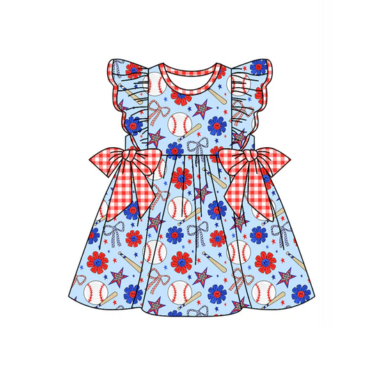 5.1 Preorder moq 5 Baby Girls Flutter Sleeves Baseballs Flowers 4th Of July Knee Length Dresses