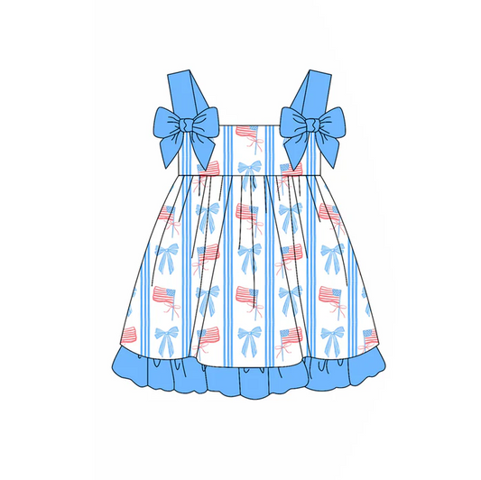 5.1 Preorder moq 5 Baby Girls Blue Strap Flags Bows 4th Of July Knee Length Dresses