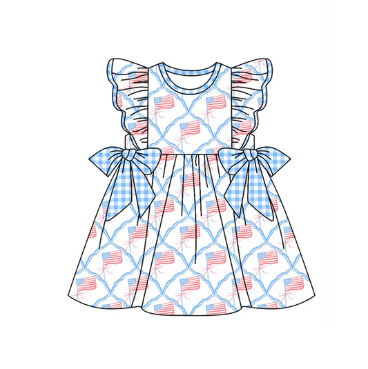 5.1 Preorder moq 5 Baby Girls Flutter Sleeves Flags Plaid 4th Of July Knee Length Dresses