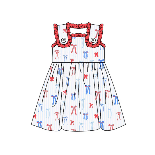 5.1 Preorder moq 5 Baby Girls Sleeveless Blue Red Bows 4th Of July Knee Length Dresses