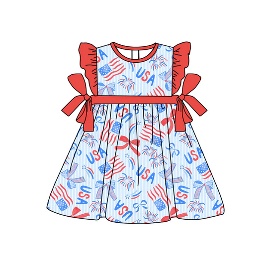 5.1 Preorder moq 5 Baby Girls Red Flutter Sleeves Firework Bows USA 4th Of July Knee Length Dresses