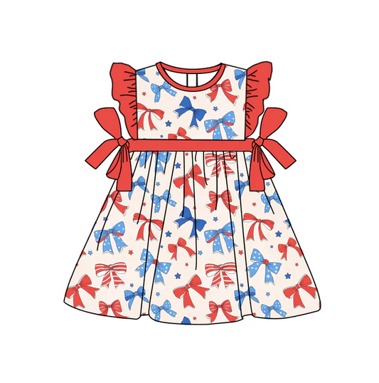5.1 Preorder moq 5 Baby Girls Red Flutter Sleeves Stars Bows 4th Of July Knee Length Dresses