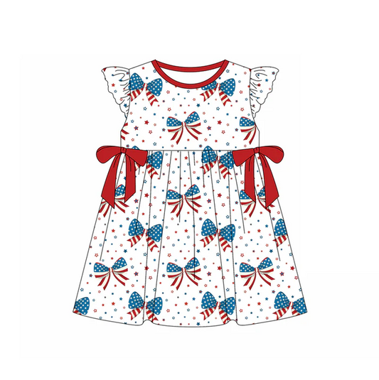 5.1 Preorder moq 5 Baby Girls Flutter Sleeves Blue Red Stars Bows 4th Of July Knee Length Dress