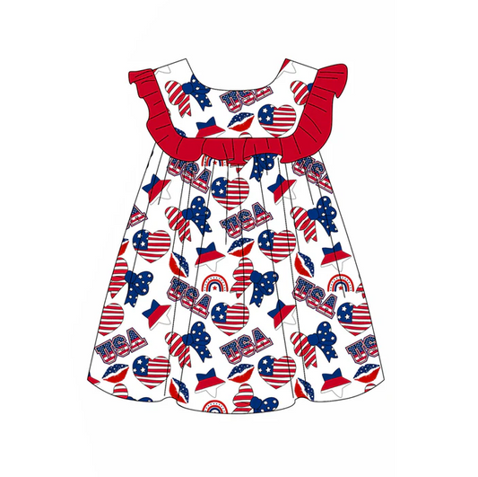 5.1 Preorder moq 5 Baby Girls Sleeveless Blue Red Flag Hearts Bows 4th Of July Knee Length Dress