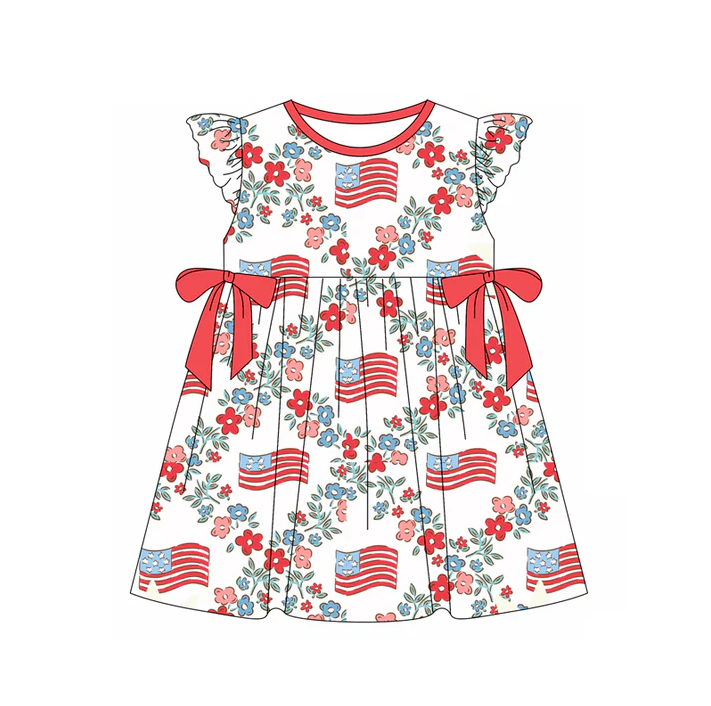 5.1 Preorder moq 5 Baby Girls Flutter Sleeves Floral Flags 4th Of July Knee Length Dresses