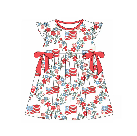 5.1 Preorder moq 5 Baby Girls Flutter Sleeves Floral Flags 4th Of July Knee Length Dresses