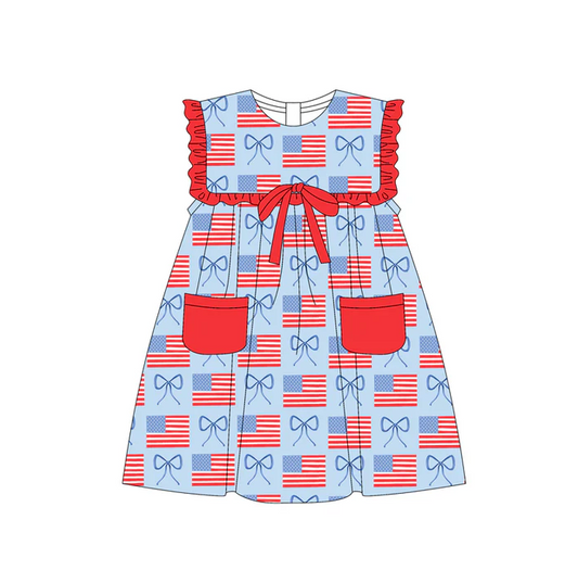 5.1 Preorder moq 5 Baby Girls Red Sleeveless Flags Pockets 4th Of July Knee Length Dresses