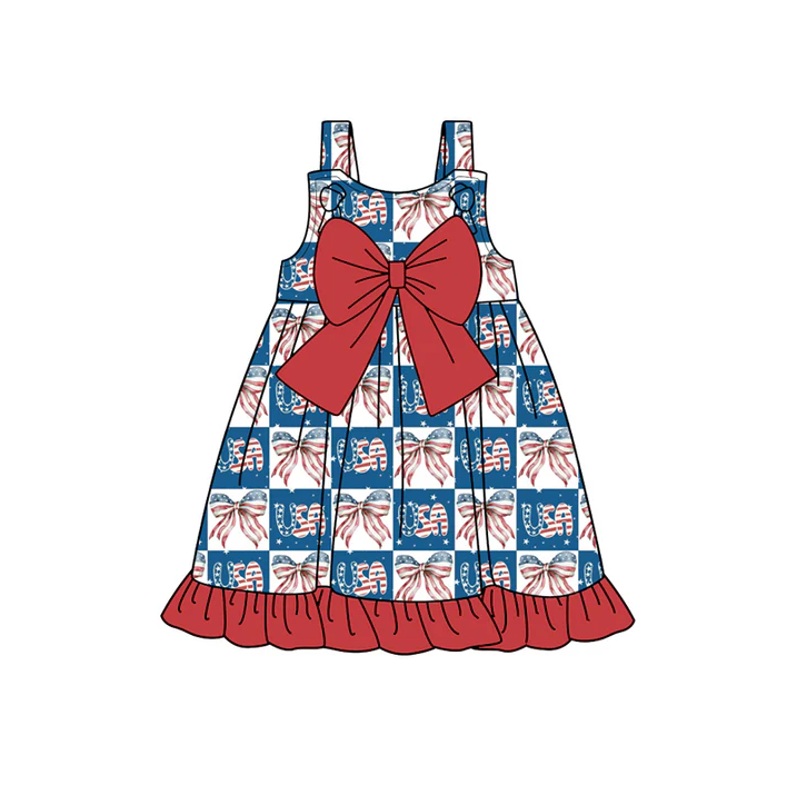 5.1 Preorder moq 5 Baby Girls Strap Blue Red Bows USA 4th Of July Knee Length Dresses