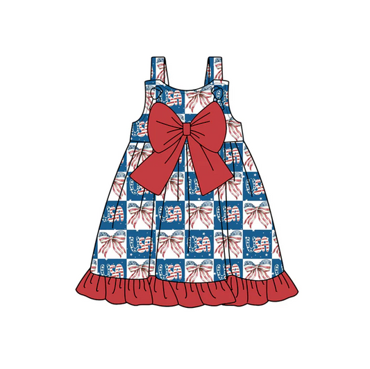 5.1 Preorder moq 5 Baby Girls Strap Blue Red Bows USA 4th Of July Knee Length Dresses