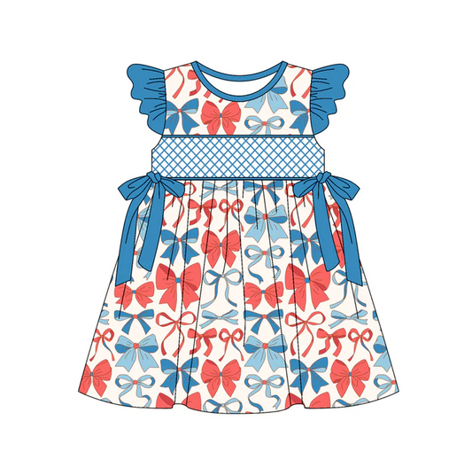 5.1 Preorder moq 5 Baby Girls Flutter Sleeves Blue Red Bows 4th Of July Knee Length Dresses