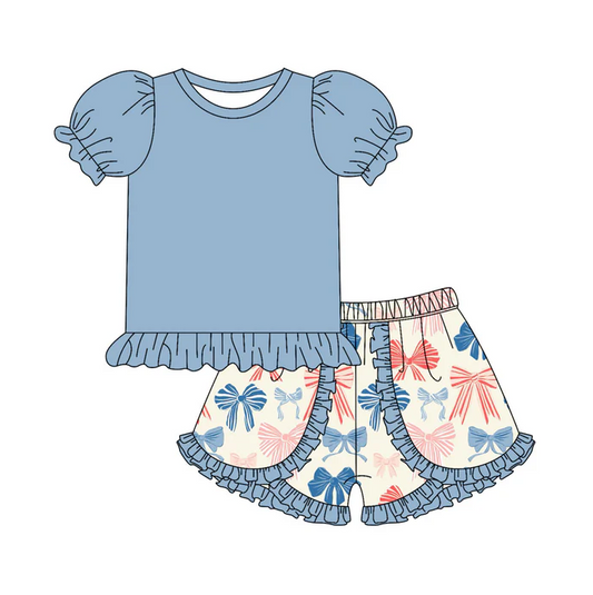 5.2 Preorder moq 5 Baby Girls Blue Short Ruffle Sleeves Tunic Bows Ruffle Short 4th Of July Set