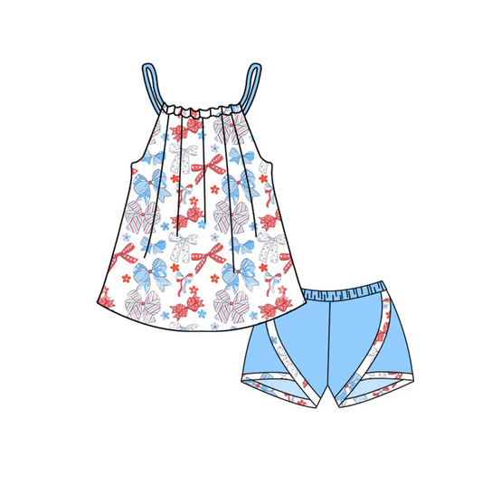 5.2 Preorder moq 5 Baby Girls Blue Strap Bows Flowers Tunic Short 4th Of July Set