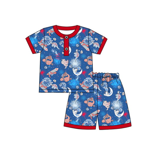 5.2 Preorder moq 5 Baby Boys Short Sleeves Button Dinosaurs Flags Top Short 4th Of July Pajamas Set