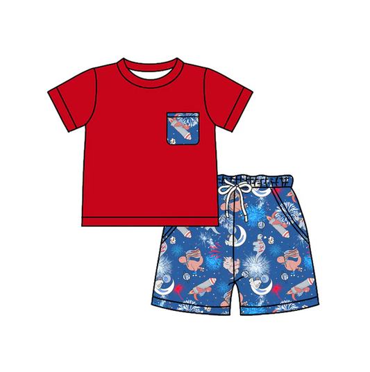 5.2 Preorder moq 5 Baby Boys Red Short Sleeves Pocket Top Blue Dinosaurs Flags Short 4th Of July Set