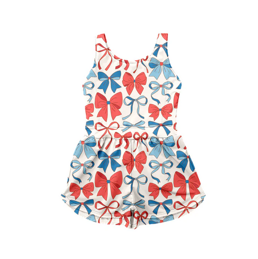 5.2 Preorder moq 5 Baby Girls Sleeveless Blue Red Bows Top Short 4th Of July Set