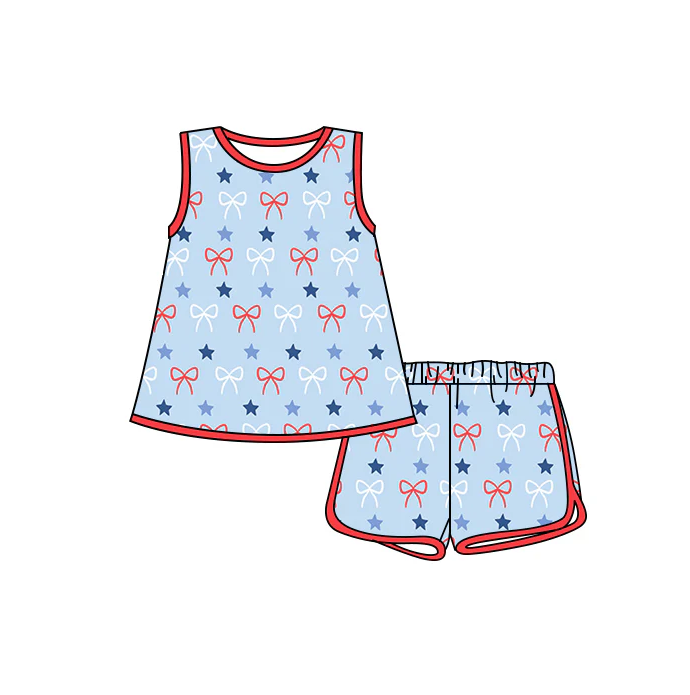 5.2 Preorder moq 5 Baby Boys Blue Sleeveless Blue Red Bows Stars Top Short 4th Of July Set