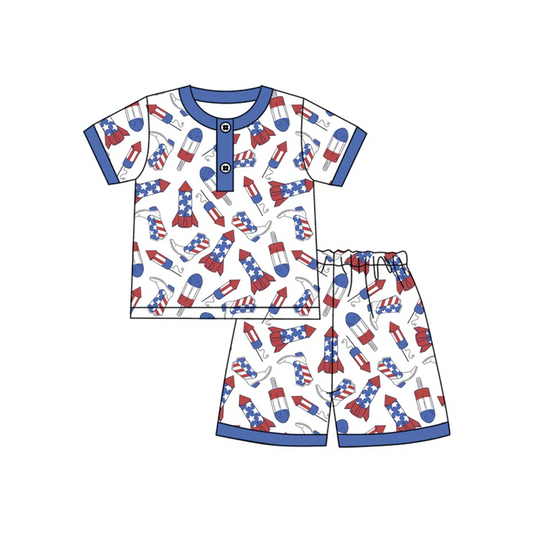 5.2 Preorder moq 5 Baby Boys Short Sleeves Button Boots Firework Top Short 4th Of July Pajamas Set