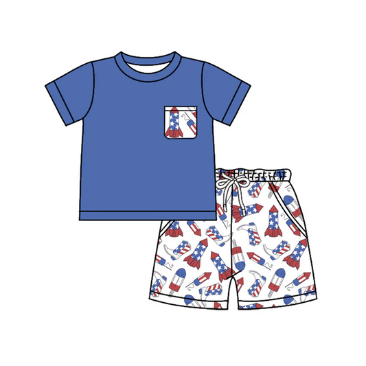 5.2 Preorder moq 5 Baby Boys Navy Short Sleeves Pocket Top Boots Firework Short 4th Of July Set