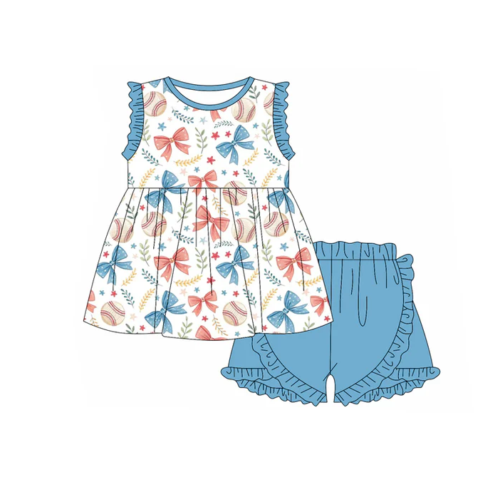5.2 Preorder moq 5 Baby Girls Blue Sleeveless Baseballs Bows Tunic Ruffle Short 4th Of July Set