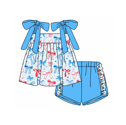 5.2 Preorder moq 5 Baby Girls Blue Strap Stars Bows Tunic Ruffle Short 4th Of July Set