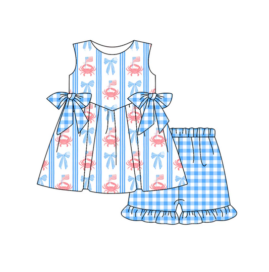 5.2 Preorder moq 5 Baby Girls Blue Sleeveless Crabs Flags Bows Tunic Plaid Ruffle Short 4th Of July Set