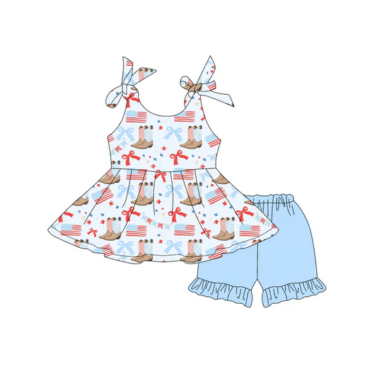5.2 Preorder moq 5 Baby Girls Blue Strap Flags Boots Bows Tunic Ruffle Short 4th Of July Set