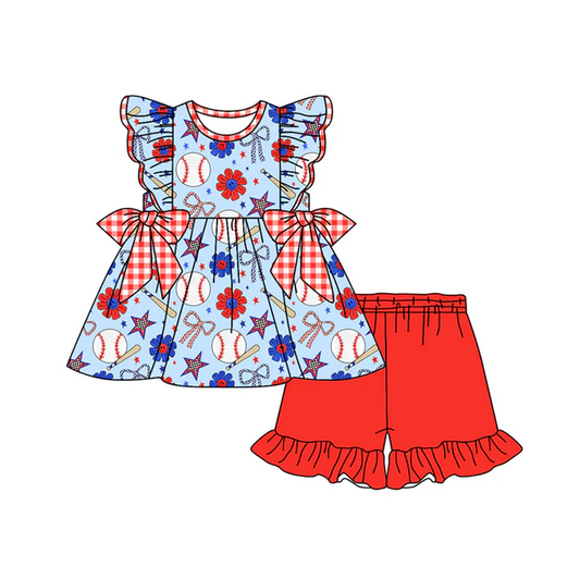 5.2 Preorder moq 5 Baby Girls Flutter Sleeves Baseballs Flowers Tunic Ruffle Short 4th Of July Set
