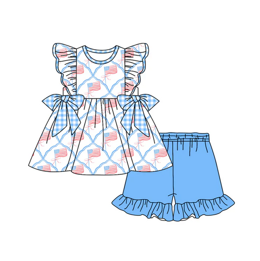 5.2 Preorder moq 5 Baby Girls Flutter Sleeves Flags Bows Tunic Blue Ruffle Short 4th Of July Set