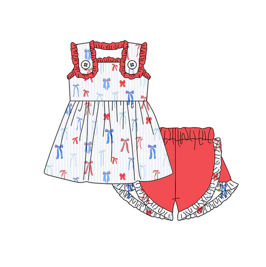 5.2 Preorder moq 5 Baby Girls Sleeveless Blue Red Bows Tunic Ruffle Short 4th Of July Set