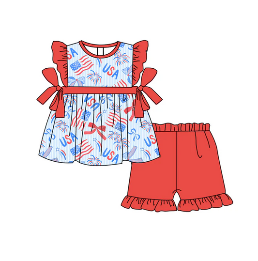 5.2 Preorder moq 5 Baby Girls Flutter Sleeves Bows Firework Tunic Ruffle Short 4th Of July Set