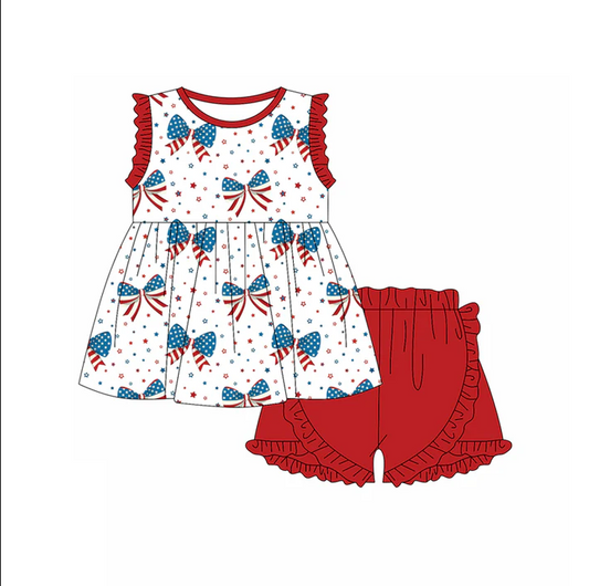 5.2 Preorder moq 5 Baby Girls Sleeveless Blue Red Stars Bows Tunic Ruffle Short 4th Of July Set