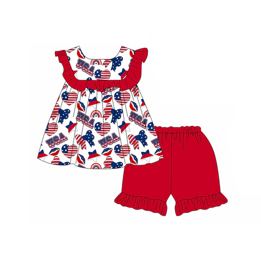 5.2 Preorder moq 5 Baby Girls Sleeveless Blue Red Stars Hearts Tunic Ruffle Short 4th Of July Set