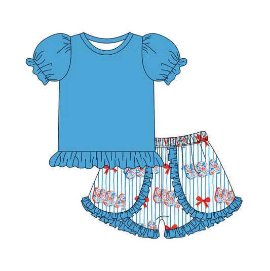 5.2 Preorder moq 5 Baby Girls Blue Short Ruffle Sleeves Top Bows USA Short 4th Of July Set