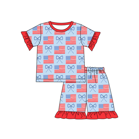 5.2 Preorder moq 5 Baby Girls Short Ruffle Sleeves Flags Bows Top Short 4th Of July Pajamas Set