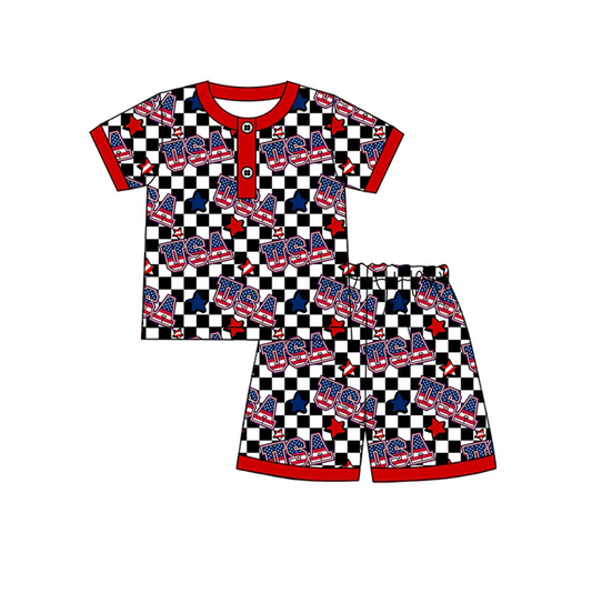 5.2 Preorder moq 5 Baby Boys Short Sleeves Black Stars USA Button Top Short 4th Of July Pajamas Set