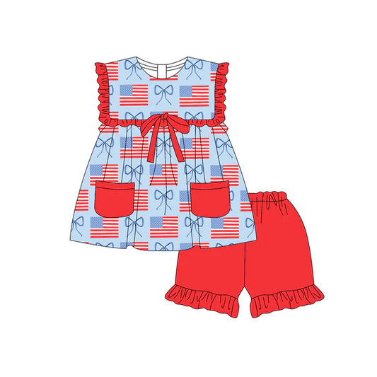 5.2 Preorder moq 5 Baby Girls Sleeveless Red Blue Flags Bows Pockets Tunic Ruffle Short 4th Of July Set