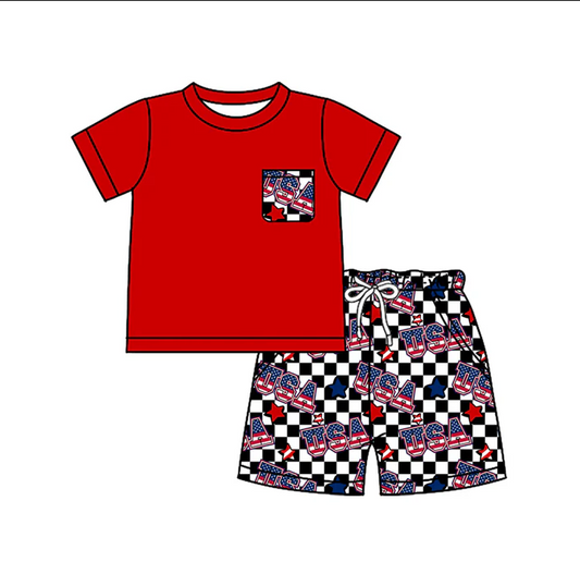 5.2 Preorder moq 5 Baby Boys Red Short Sleeves Pocket Top Black Short 4th Of July Set