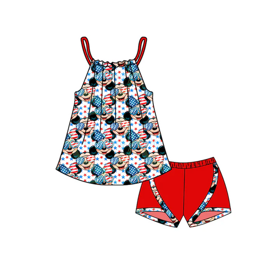 5.2 Preorder moq 5 Baby Girls Red Strap Cartoon Mouse Stars Tunic Short 4th Of July Set