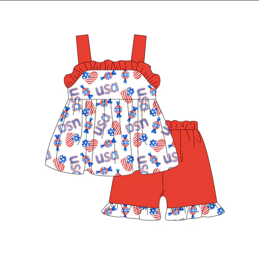 5.2 Preorder moq 5 Baby Girls Strap Blue Red Hearts Candy Tunic Ruffle Short 4th Of July Set