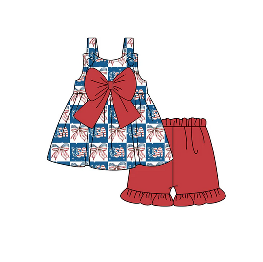 5.2 Preorder moq 5 Baby Girls Strap Blue Red USA Bows Tunic Ruffle Short 4th Of July Set