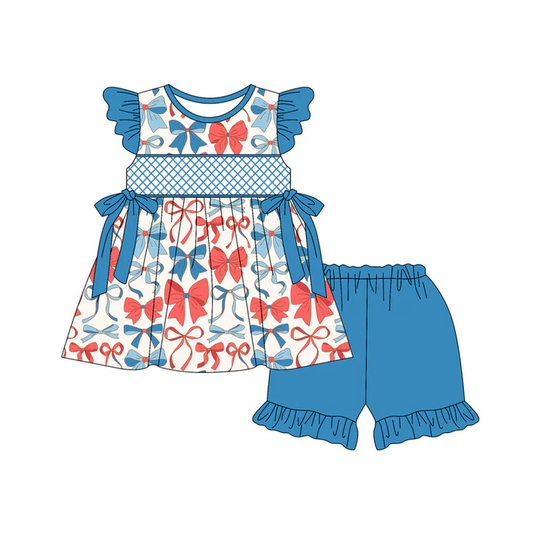 5.2 Preorder moq 5 Baby Girls Blue Flutter Sleeves Blue Red Bows Tunic Ruffle Short 4th Of July Set