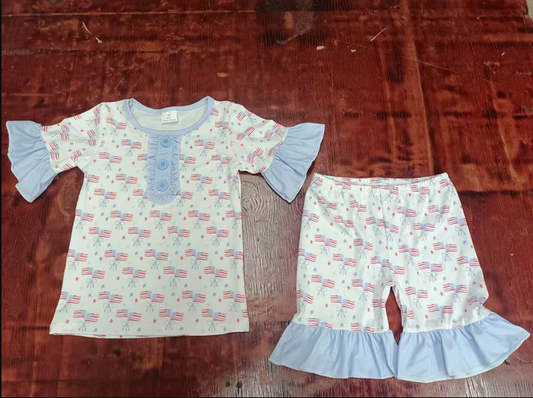 5.2 Preorder moq 5 Baby Girls Short Ruffle Sleeves Button Flags Bows Top Short 4th Of July Pajamas Set