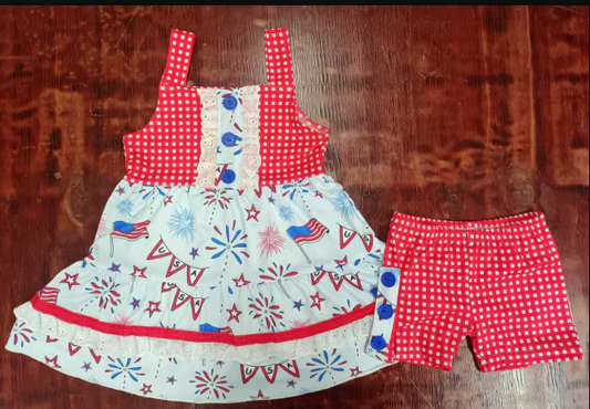 5.2 Preorder moq 5 Baby Girls Red Plaid Strap Button Firework Flags Tunic Short 4th Of July Set